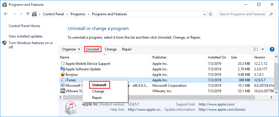 uninstall iTunes