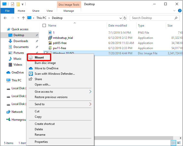 click Windows 10 ISO file and choose Mount
