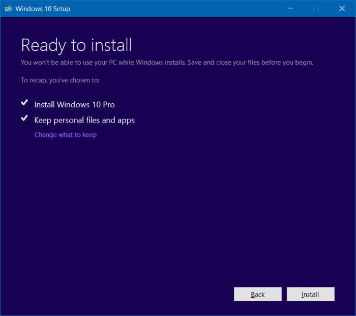 click Install to begin reinstalling Windows 10