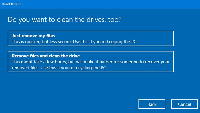 Windows 10 Reset this PC options