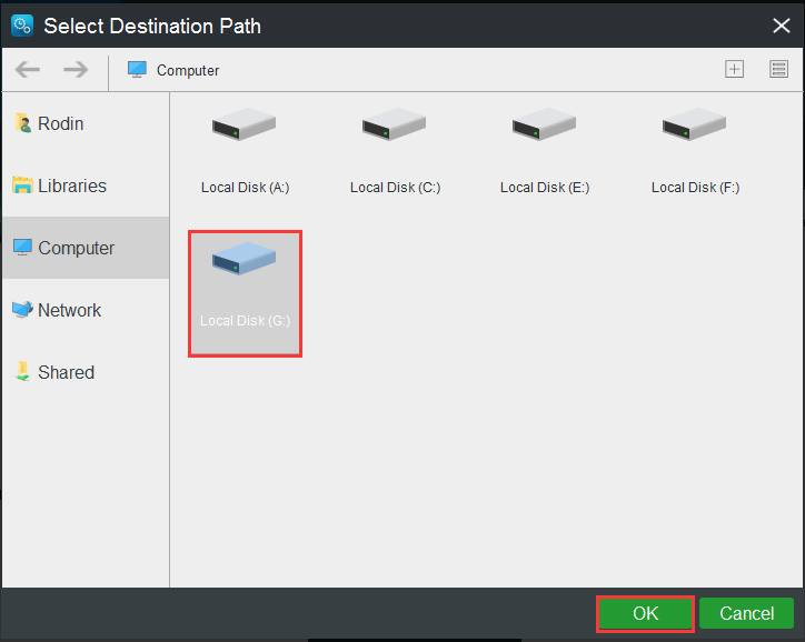 select the drive you want to store the disk image