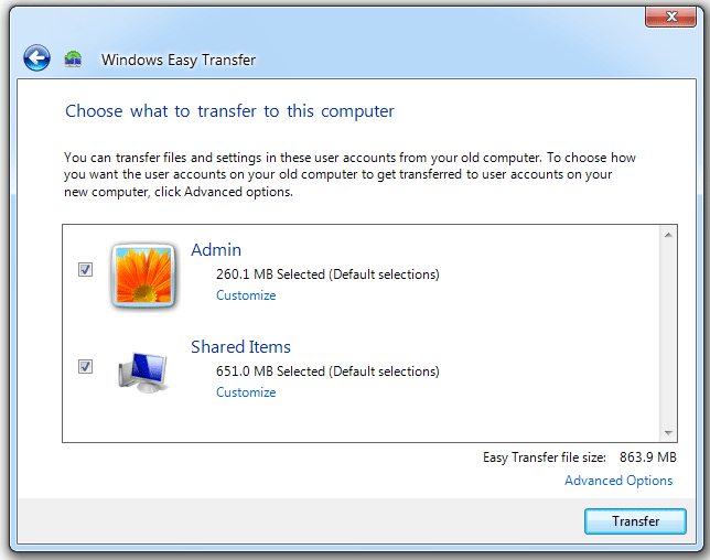 select what to transfer