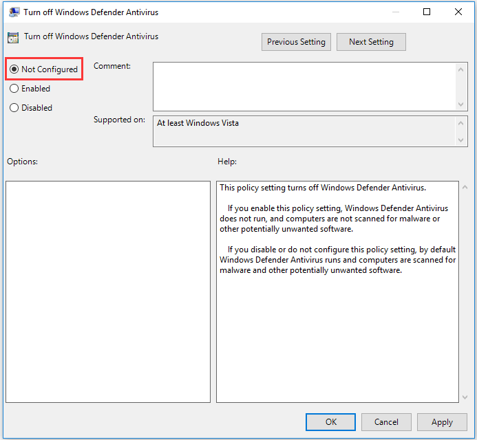 select the Not Configured to continue