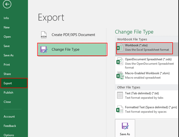 change Excel file type