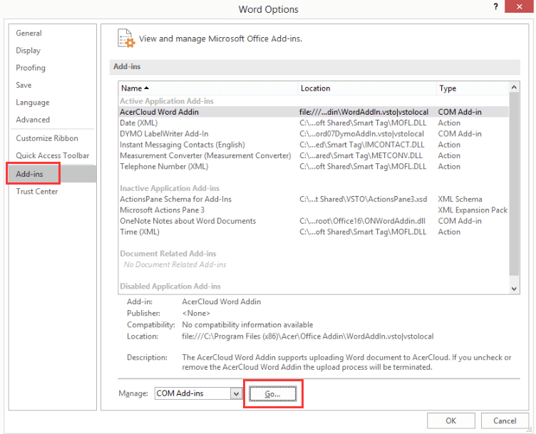 disable Microsoft Office add-ins