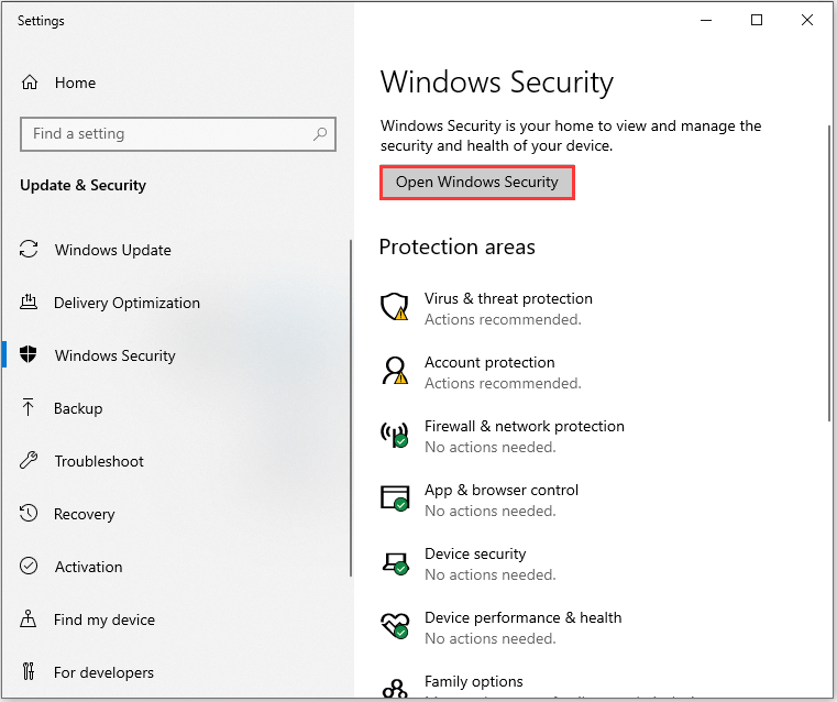 open Windows security under Security option