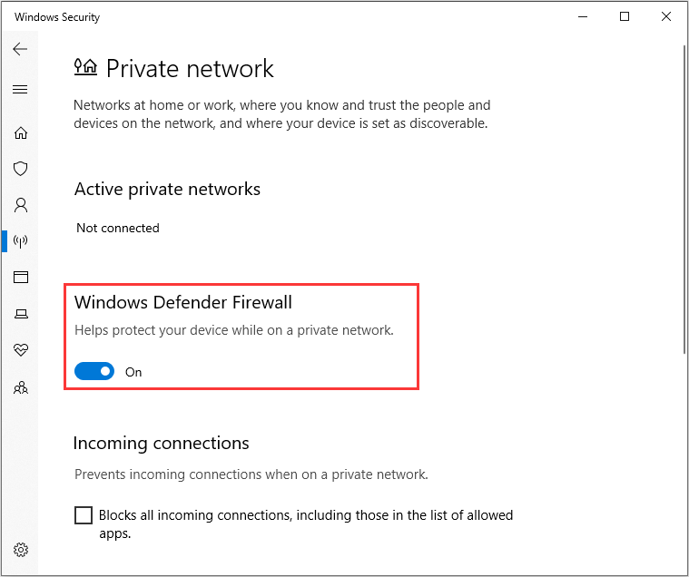 turn off Windows Defender Firewall