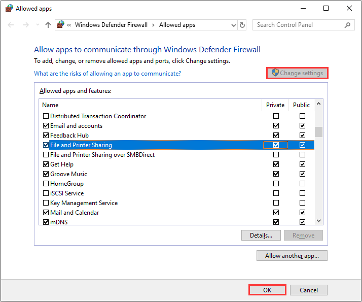 choose File and Printer Sharing and check the Private network option