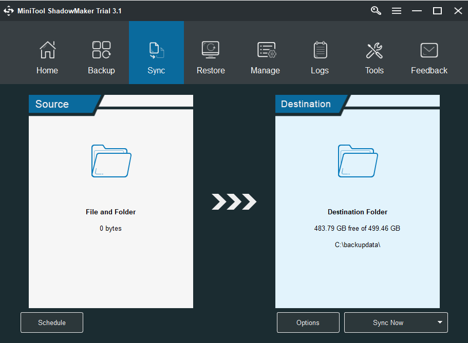 click Source under Sync page to select the sharing files