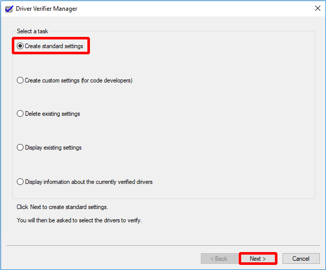 choose Create standard settings and click Next