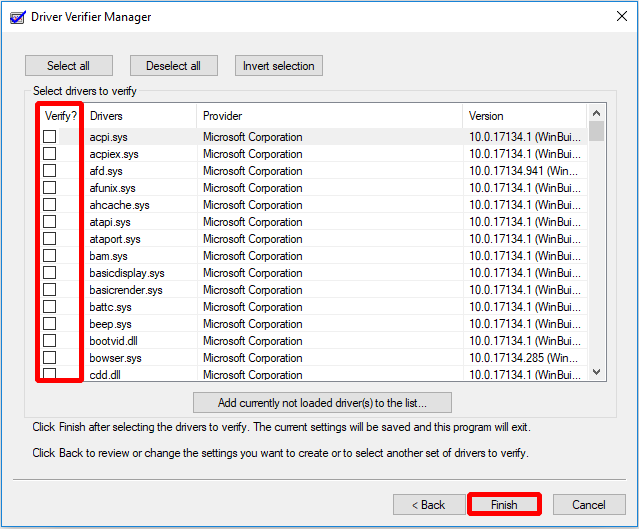 click Finish after selecting drivers to verify