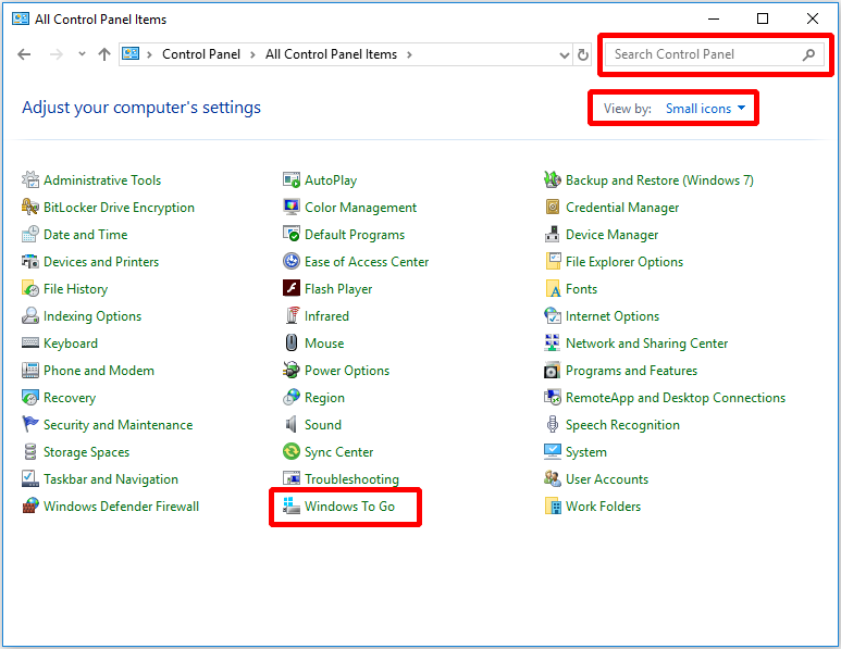 find Windows To Go in the control panel