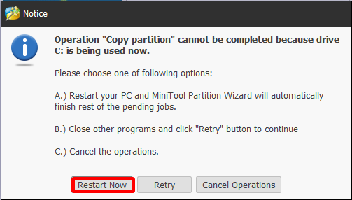 click Restart Now to make the copy complete successfully