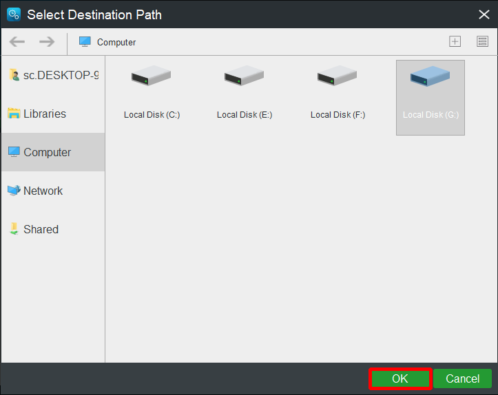 choose the external drive as the destination and click OK