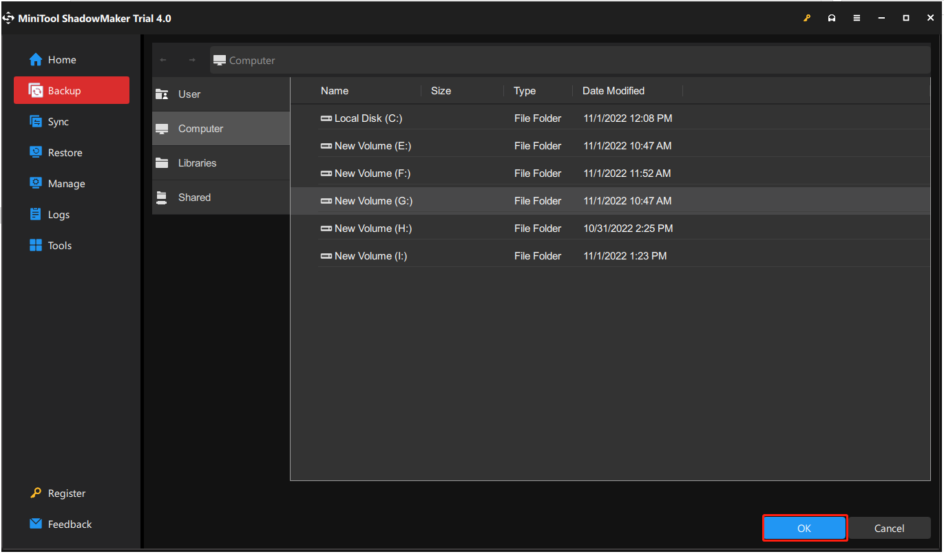 select the drive you want to store the disk image