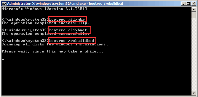 the commands of fixing the MBR and BCD