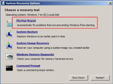 Choose Startup Repair as the recovery tool