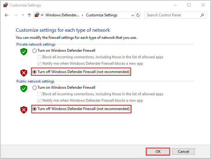 check both the Turn off Windows Defender Firewall not recommended options