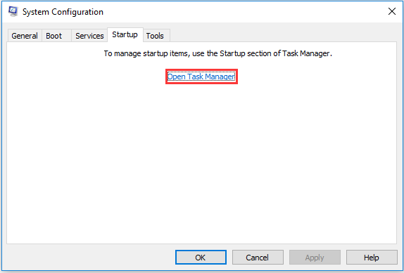 navigate to the Startup tab and click the Open Task Manager option