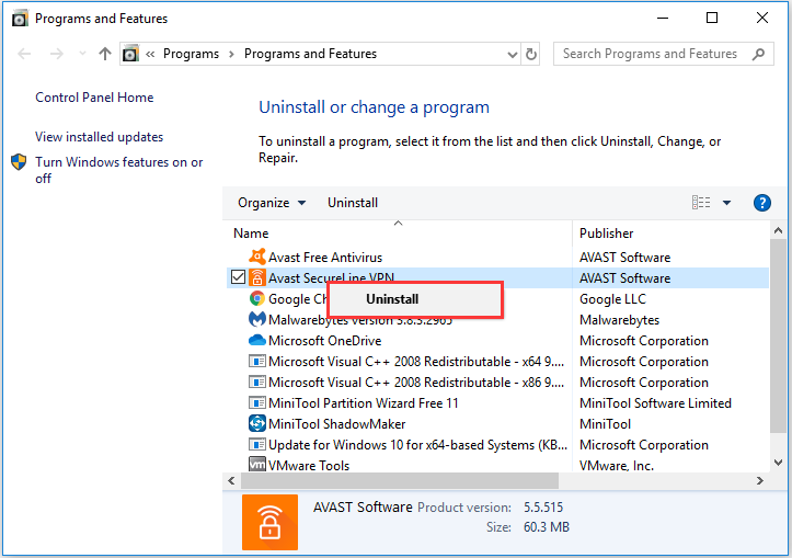 uninstall Avast SecureLine VPN