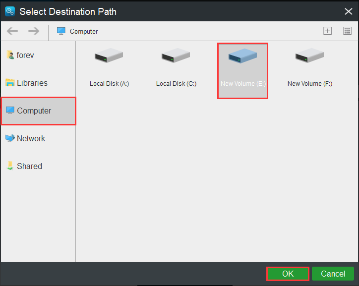 select the drive you want to store the disk image