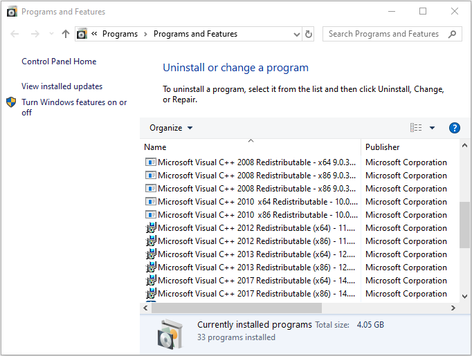 open the Programs and Features window