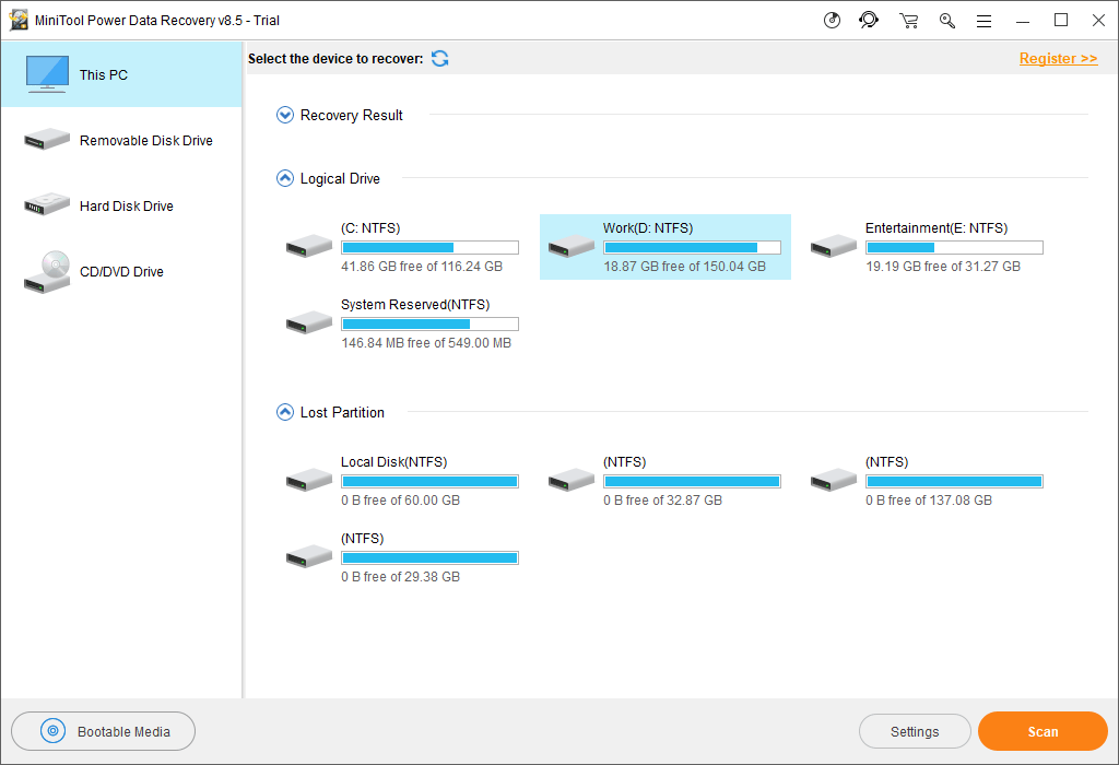 select the target drive to scan