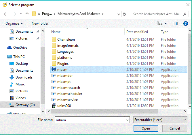 find the mbam.exe file 