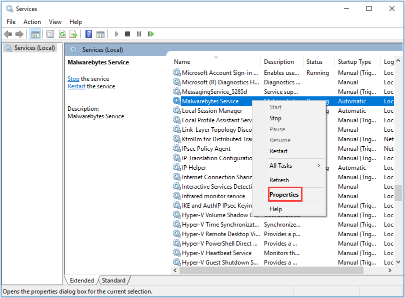 right-click Malwarebytes Service and click Properties