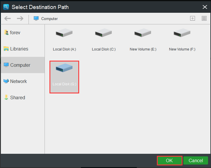 choose the backup destination