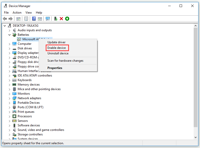enable battery drivers in Device Manager