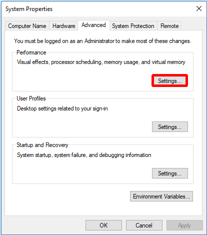 click Settings to make changes under the section called as Performance