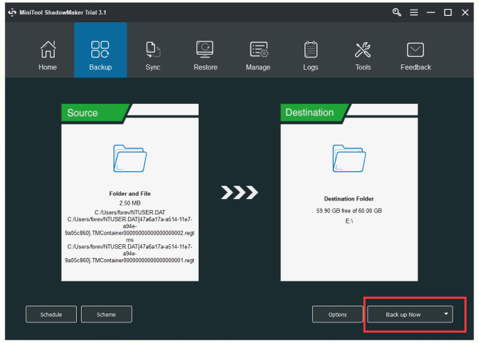 click Backup now to start the backup operation