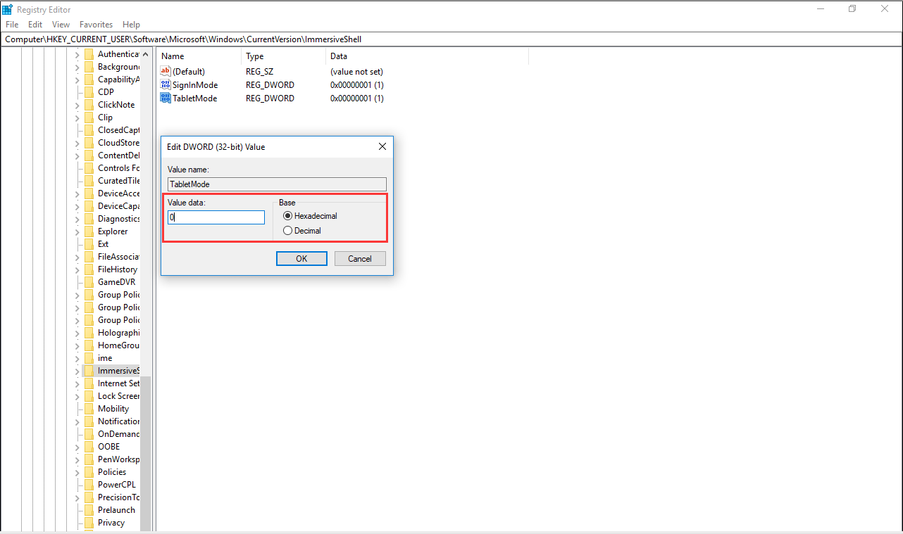 disable tablet mode via registry