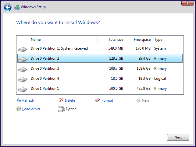 Windows Setup where to install Windows 