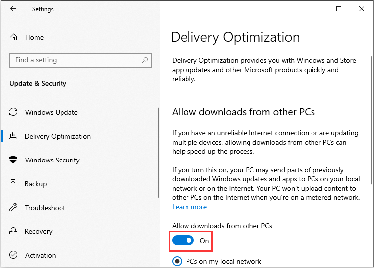 Turn off the Allow downloads from other PCs button