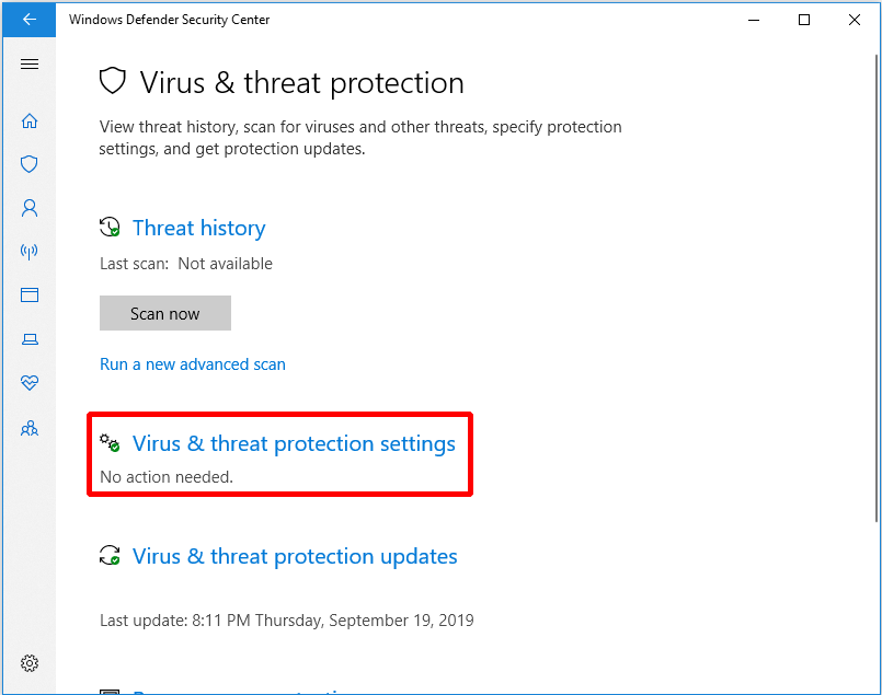 Click Virus & threat protection settings