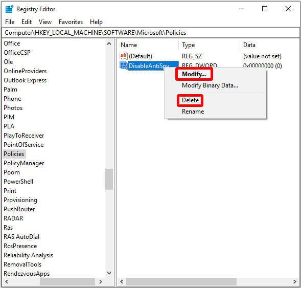 find the Windows Defender folder to change the Value data