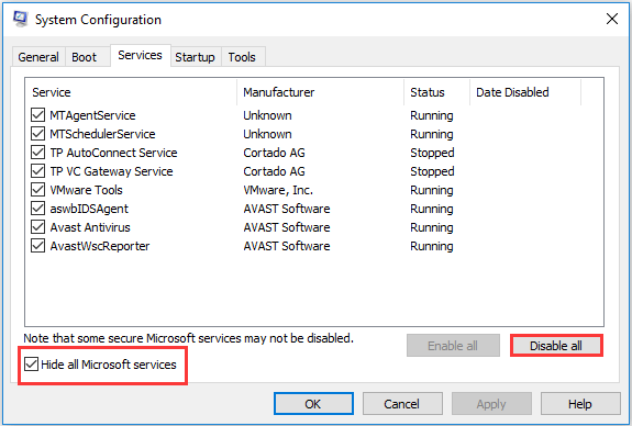 check Hide all Microsoft services and Disable all 