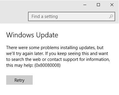 Windows update error 0x80080008