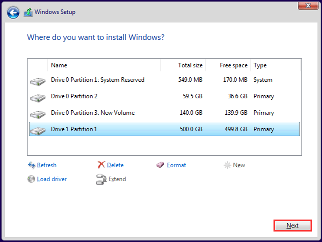 select the drive to install Windows 10