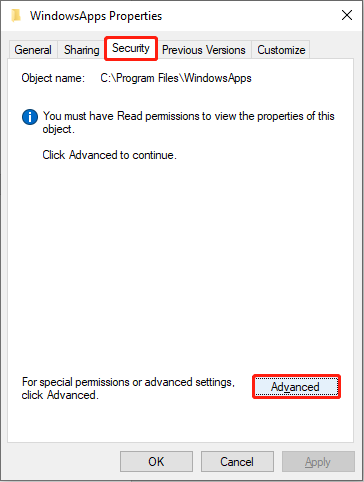 WindowsApps Properties window