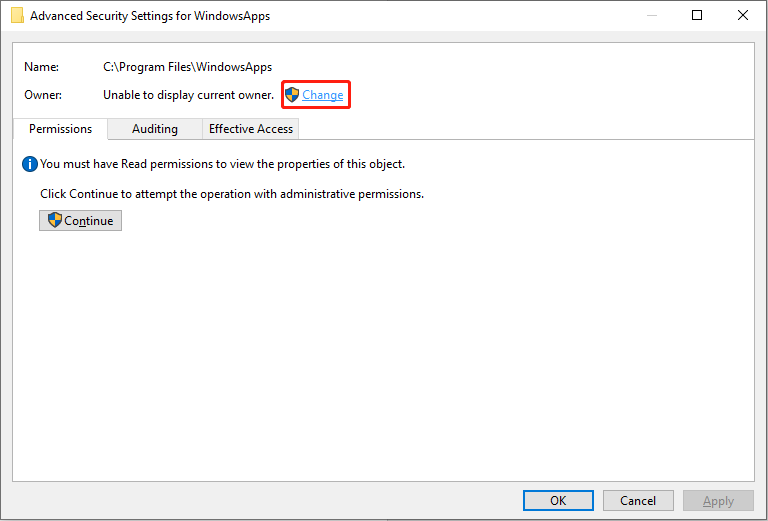 Advanced Security Settings for WindowsApps window