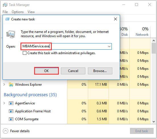 type MBAMService exe in the Create new task window