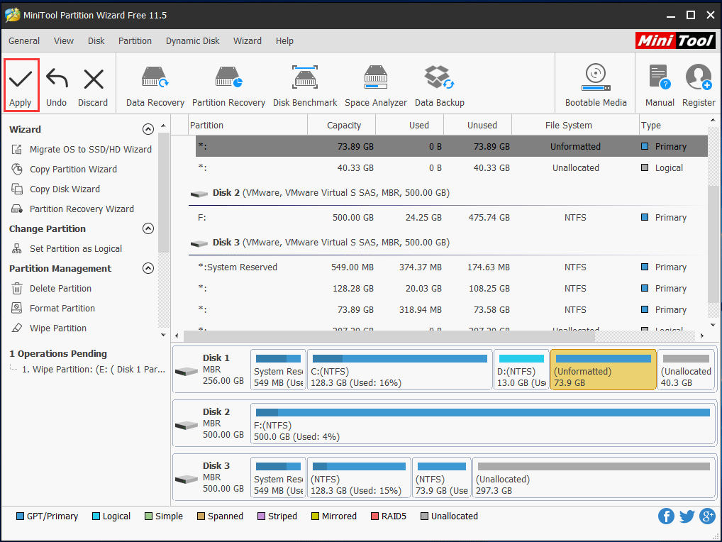 wipe partition of MiniTool Partition Wizard