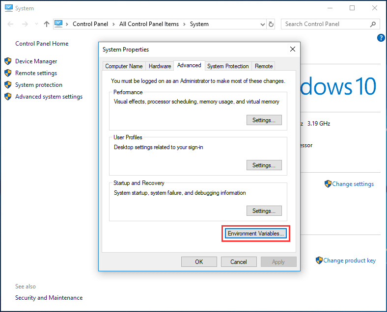 click environment variables