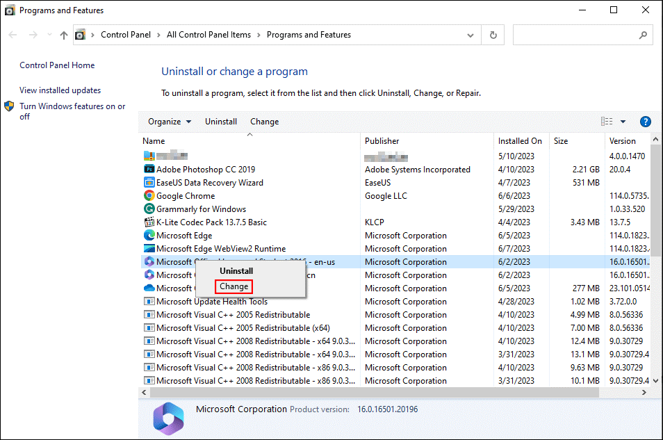 select Microsoft Office to repair it