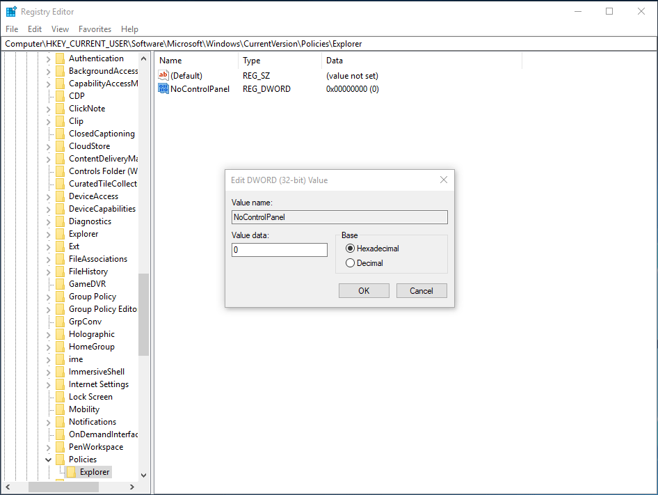 enable Settings in Registry Editor