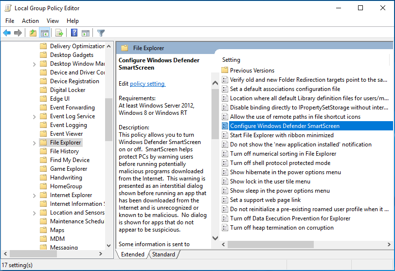 Configure Windows Defender SmartScreen