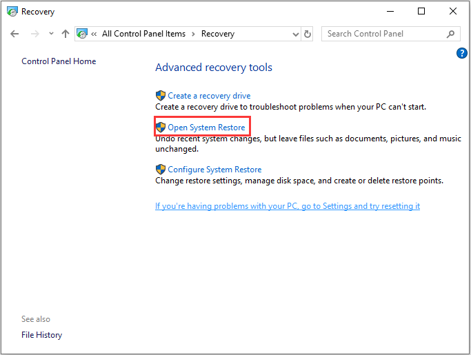 choose Open System Restore